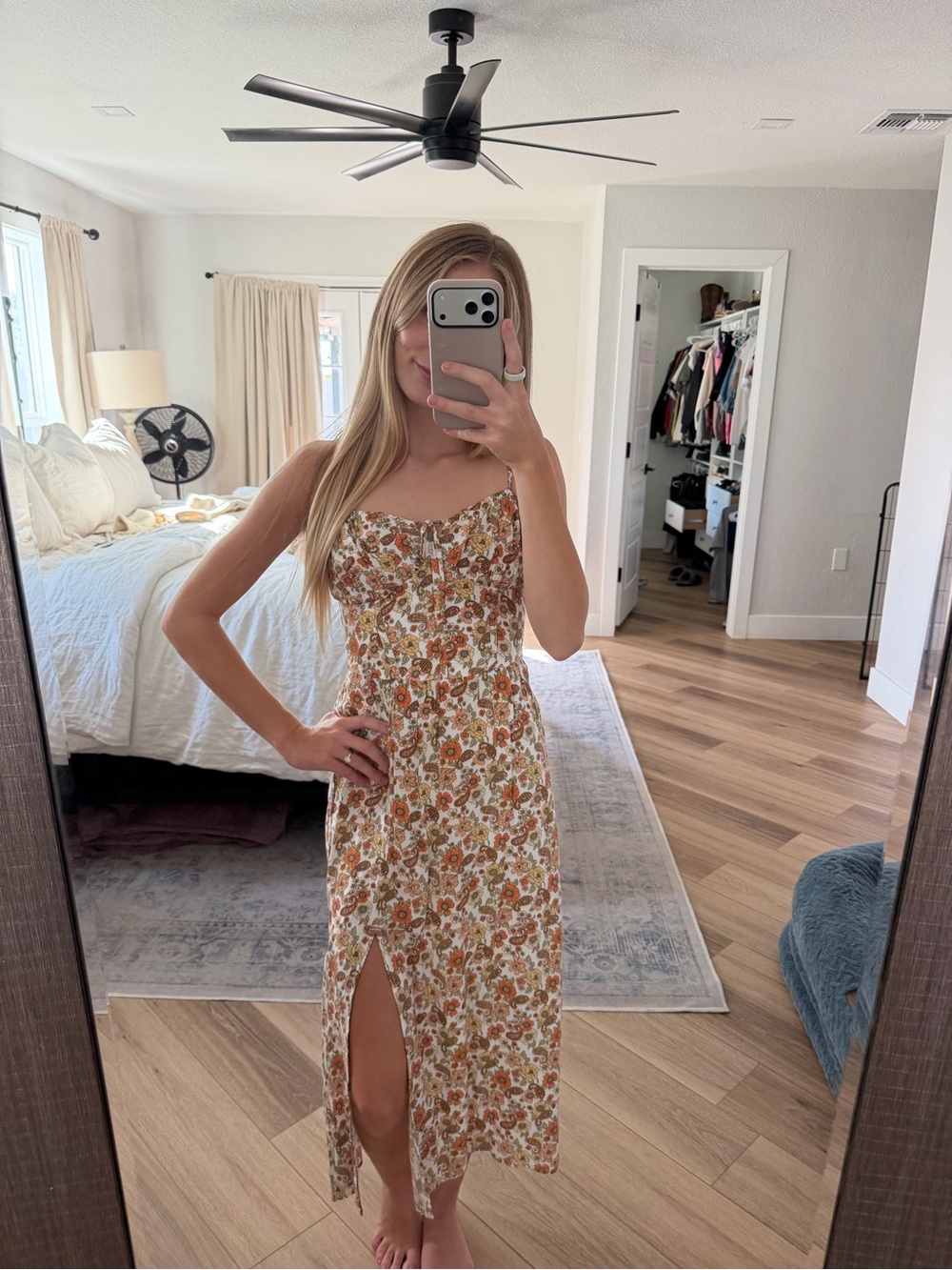 Hollister Cream Midi Dress with Orange Floral Print